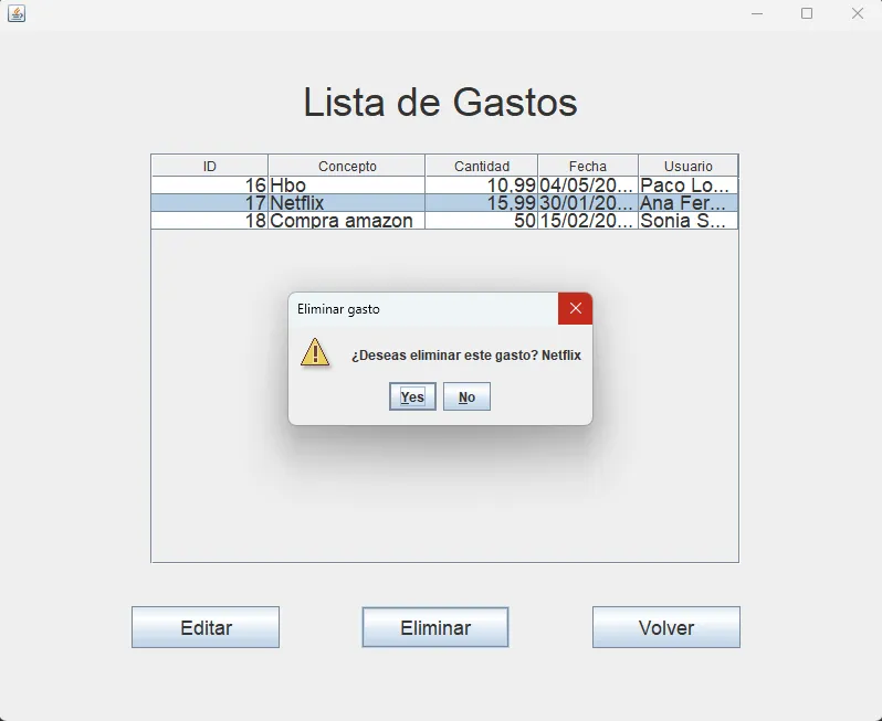 Captura del proyecto Gestor de Gastos - Java Swing + JPA + MySQL